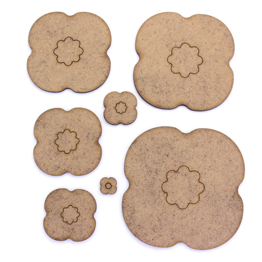 4 Petal Poppy Craft Shape, 2cm to 20cm. 2mm MDF Wood. Nature Flower, Remembrance