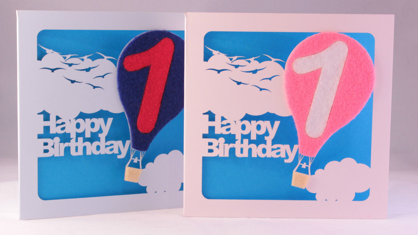 Laser Cut First (1st) Birthday Card with a Coloured Felt Balloon