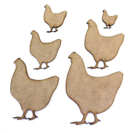 Chicken Hen Craft Shape, 2cm to 20cm. 2mm MDF Wood. Animal, Farm, Farmyard