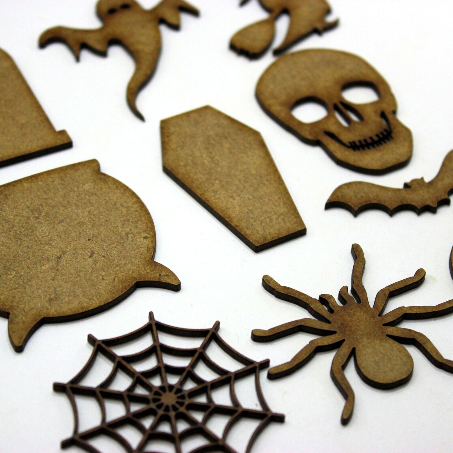 Mixed Halloween MDF Shapes, 2mm MDF Skull, Witch, Bat, Pumpkin, 3cm to 10cm