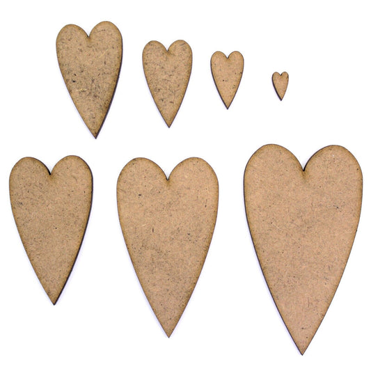 Long Heart Craft Shape, Various Sizes, 2mm MDF Wood. Elongated, Rustic,Primitive