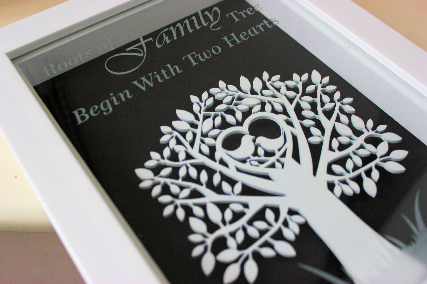 Family Tree with Birds Framed Decoration - White Wooden Tree & Engraved Glass