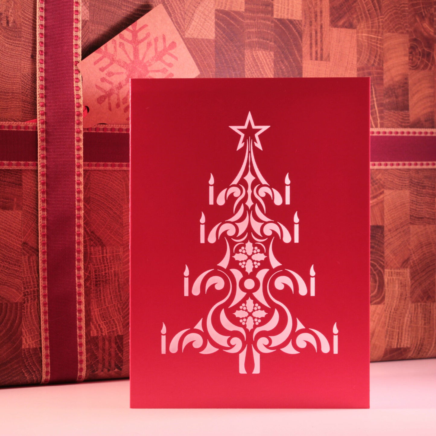 Red Laser Cut Christmas Tree Card