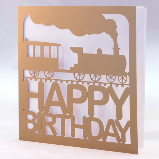 Laser Cut Gold Train Birthday Card -  Trains / Vehicles