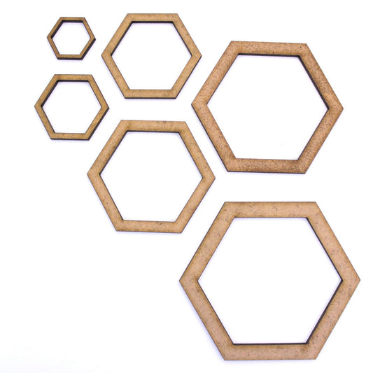 Hexagon Craft Shape Hollow Frame, 2cm to 25cm. 2mm MDF Wood. Bee, Beehive nature