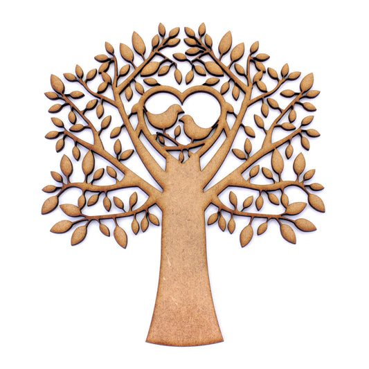 Blank Tree Craft Shape With Birds In Heart. Wedding, Guestbook. Family, Love