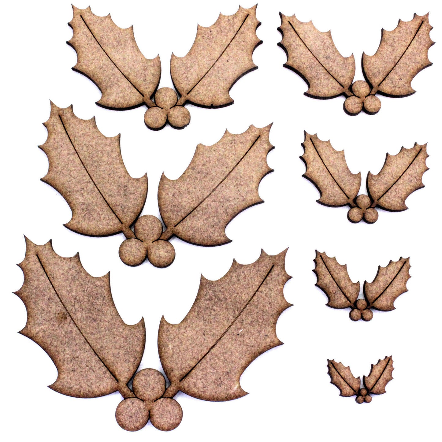 Holly Leaf and Berries Craft Shapes, Decorations. 2mm MDF Wood, Christmas topper