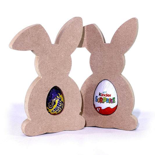 Free Standing 18mm MDF Easter Bunny Egg Holder Shape. Kinder, Creme. Bent Ear
