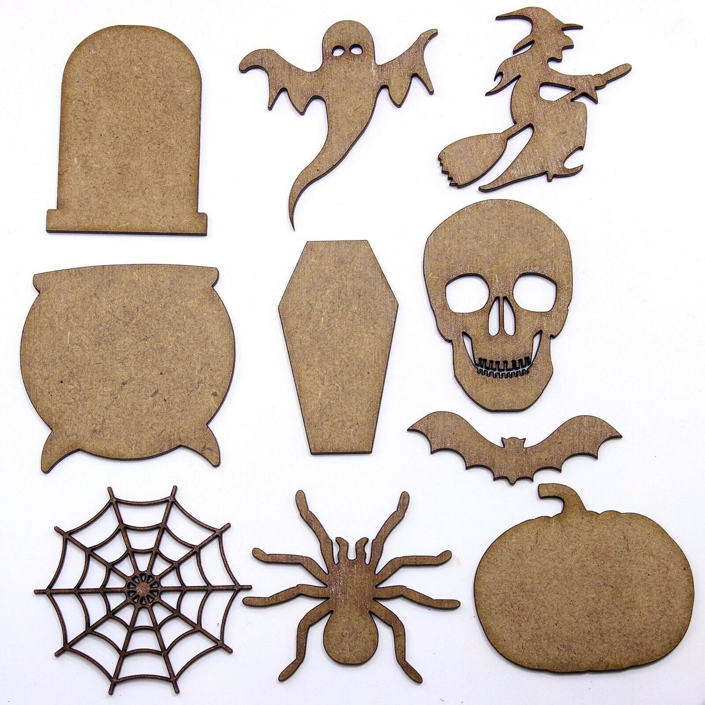 Mixed Halloween MDF Shapes, 2mm MDF Skull, Witch, Bat, Pumpkin, 3cm to 10cm
