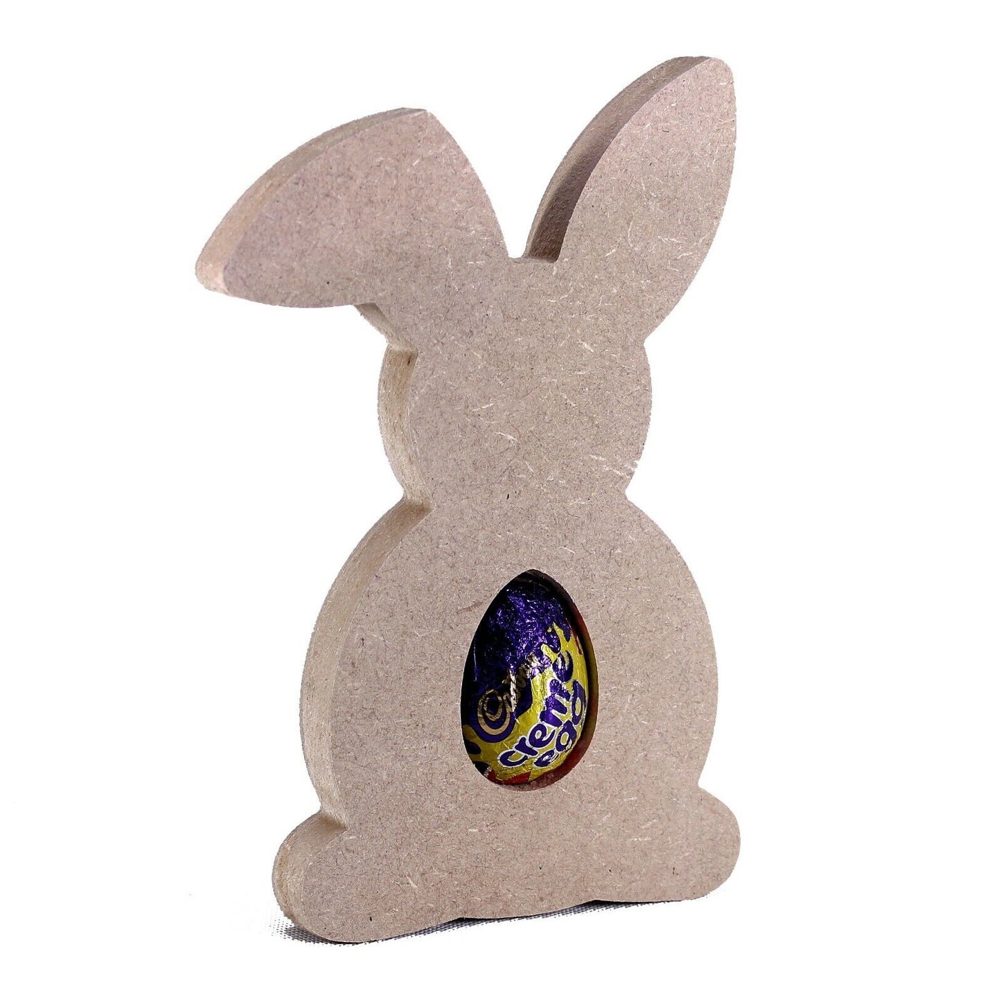 Free Standing 18mm MDF Easter Bunny Egg Holder Shape. Kinder, Creme. Bent Ear