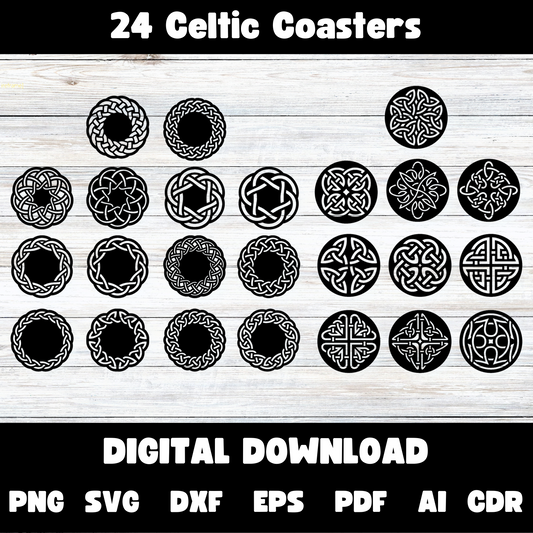 24 Celtic Pattern Coasters Laser Cut Digital File.  Vector laser template cut file DXF SVG Ai EPS Cdr Png Glowforge pdf. Scotland, Ireland