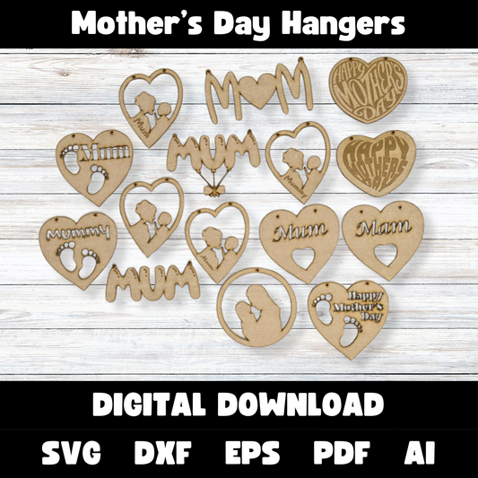 Mother's Day Hangers Laser Cut Digital File. Hanging Decoration Vector laser template cut file DXF SVG Ai EPS Glowforge pdf. Mum Gift