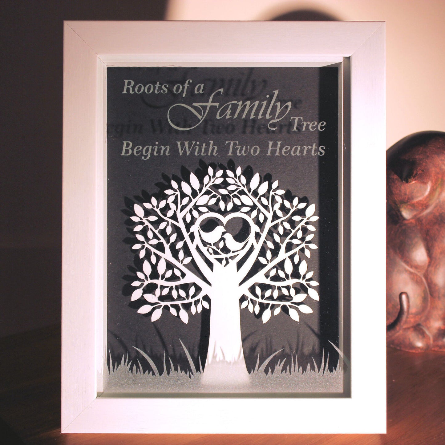 Family Tree with Birds Framed Decoration - White Wooden Tree & Engraved Glass