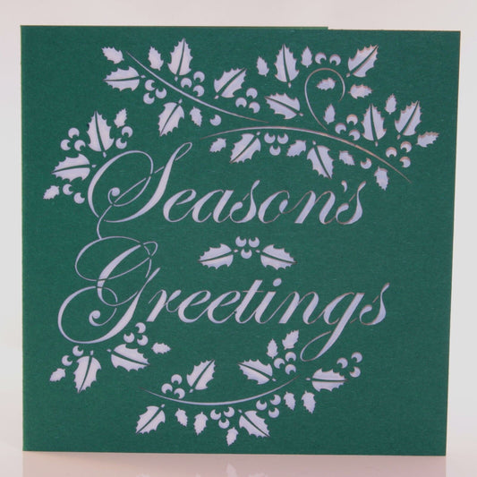 Seasons Greetings With Holly Design - Laser Cut Christmas Card