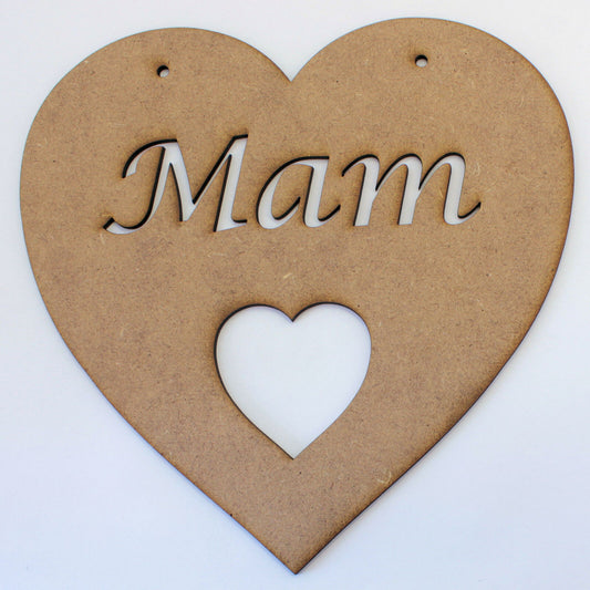 'Mam' Heart Hanging Decoration 2mm MDF - 15cm. Mothers Day. Mum. Craft Shape